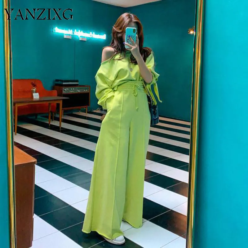 

Women's Sets Slash Neck Long Sleeve Short Women Top High Waist Drawstring Wide Leg Pants 2 Pcs Set Women Sets Z051