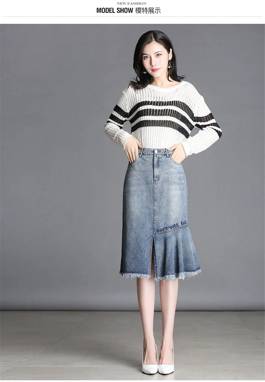 New women skirt Casual irregular Denim Midi Skirt Summer With Pocket fashion Mermaid skirt Slit sweet letter printing Femininas