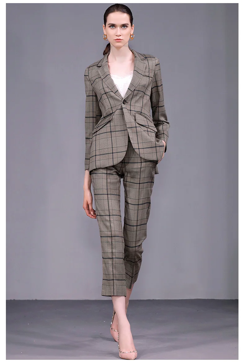 See Orange New Autumn Slim Pants Suit For Women 2018 Brand Show Plaid