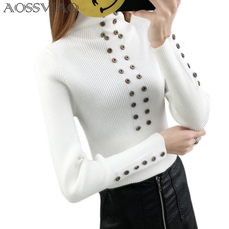 

Button Turtleneck Winter Sweater Women 2018 Knitted Pullover Female Jumper Tricot Pullover Women's Tops Pull Femme White Black