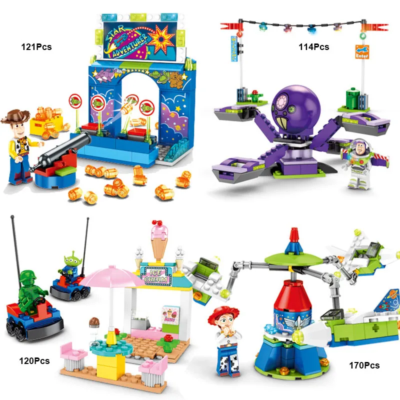 Comprar 4 Uds juguete historia 4 Parque de Atracciones bloque Woody Buzz Lightyear ladrillos de construcción juguetes de los niños sin caja