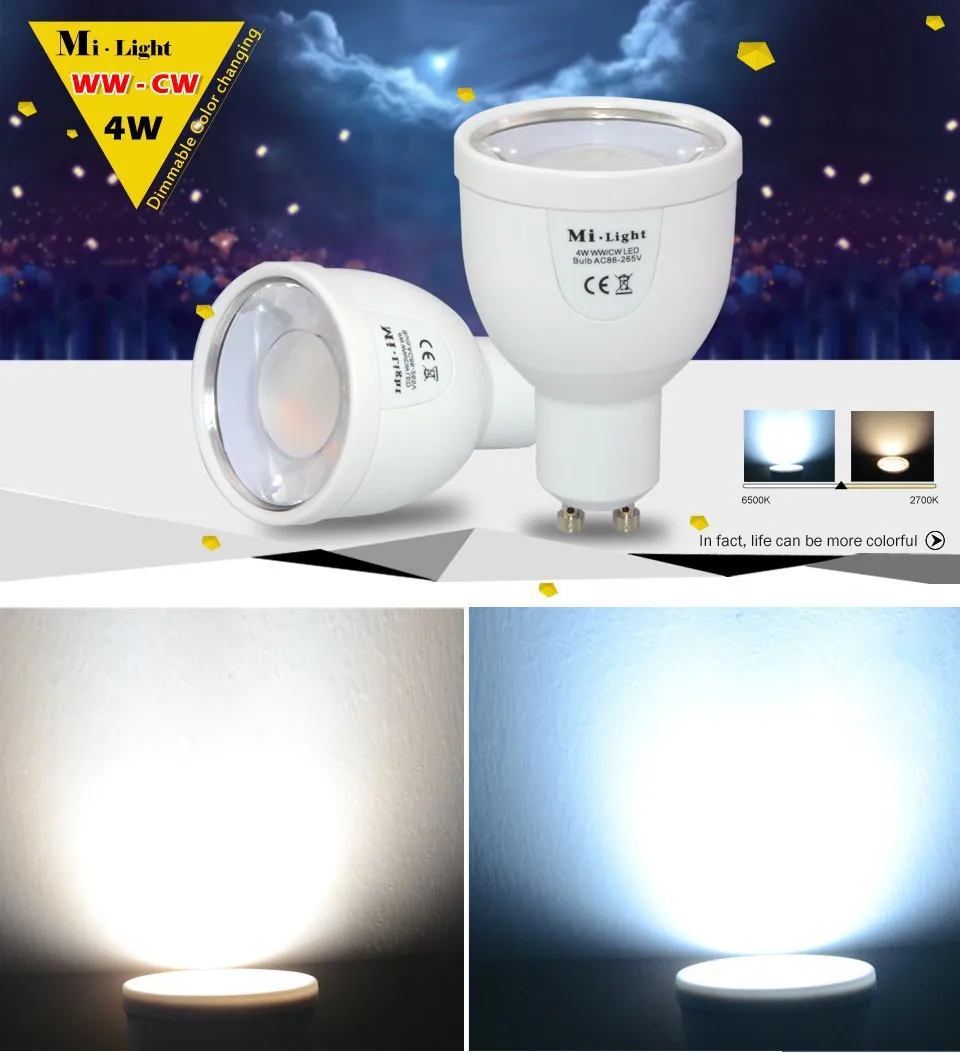 

Milight 2.4G GU10 4W Wireless LED Dimmable Bablle Dual White WW/CW Dimmable LED Smart Bulb Lamp