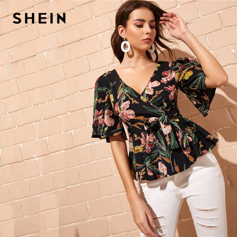 SHEIN رفرفة كم التفاف مربوط Peplum الأزهار بلوزة بوهو نصف كم متوهج V الرقبة كشكش الصيف النساء قمم و البلوزات