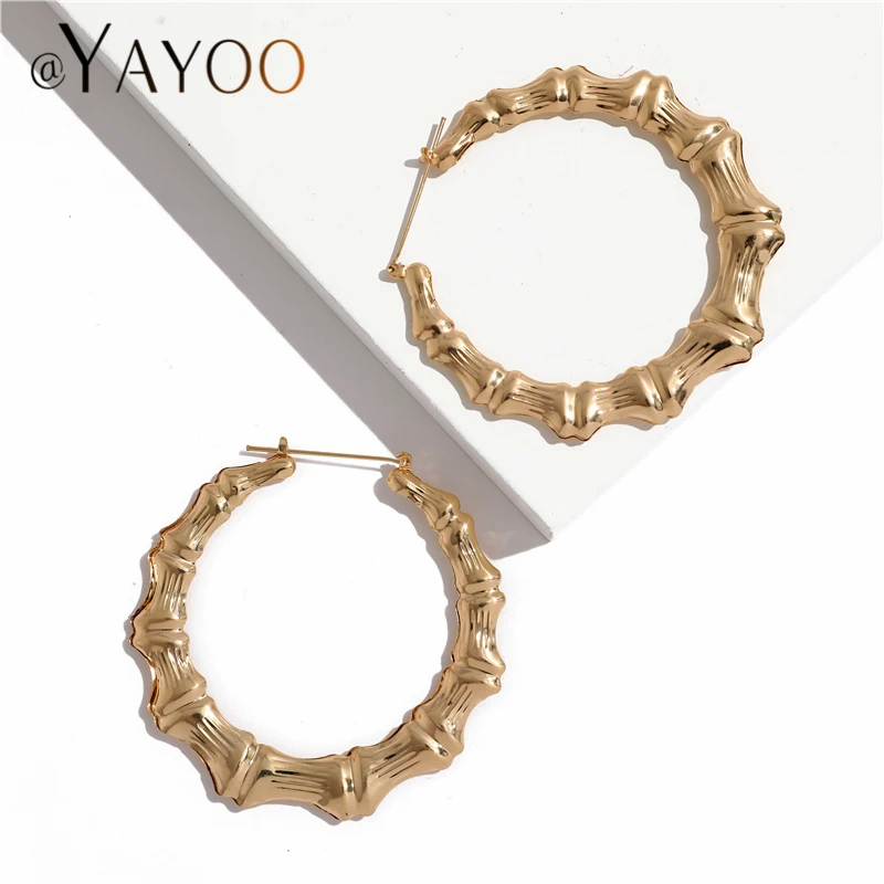 

Gold Color Earrings For Women Big Ethnic Bamboo Metal Hoop Earrings Vintage Geometric Circle Earings Fashion Jewelry