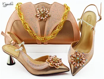 

Pretty peach wedding/party set matching pointed toe shoes and bag set with rhinestones MM1085, heel height 7cm