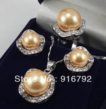 

Prett Lovely Women's Wedding 18KGP yellow shell pearl10mm earring14mm ring pendant -Ms.-jewelrynoble lady's