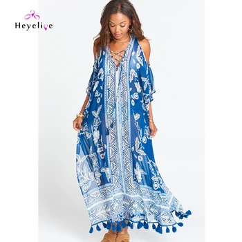 

New Long Print Beach Bikinis Swimwear Cover-Up For Women Sexy Shoulder Off Chiffon Tunics With Tassels Front Bandage Beach Dress
