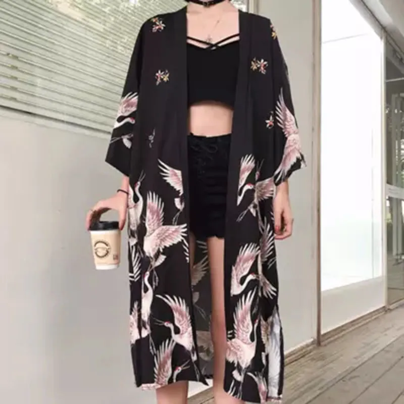 

Japanese women Traditional Kimonos Yukata Robe Crane Digital print Cardigan japan streetwear Belt V-neck collar Riding Coat