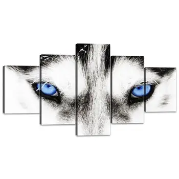 

5 Piece Black and White Husky Dog With Blue Eyes Canvas Wall Art Modern Gallery-wrapped Animal Face Prints and Posters