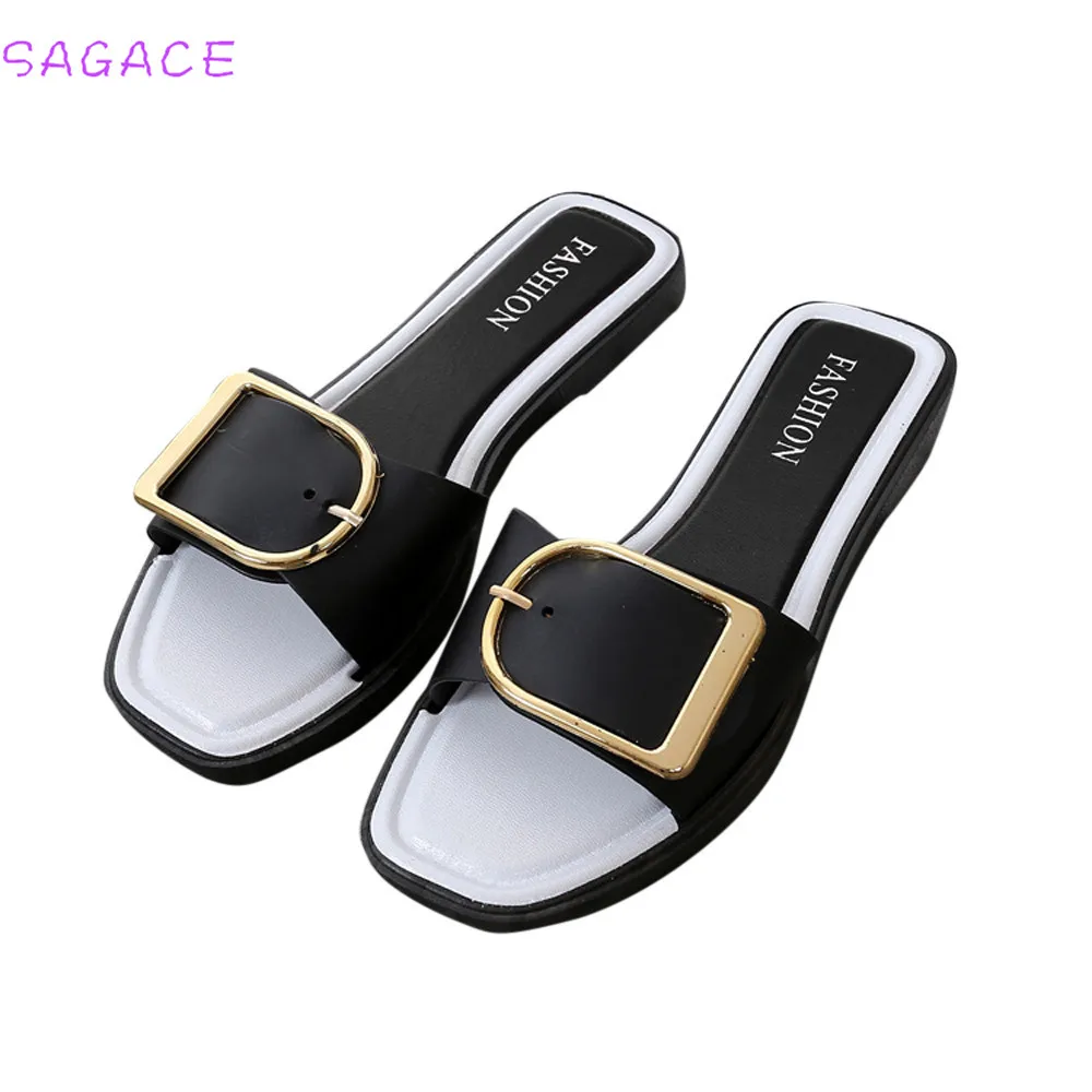 

SAGACE 2018 Hot Fashion Fashion Women Summer Flat Heel Square Buckle Sandals Slipper Casual Shoes Female Slides Ladies Shoes