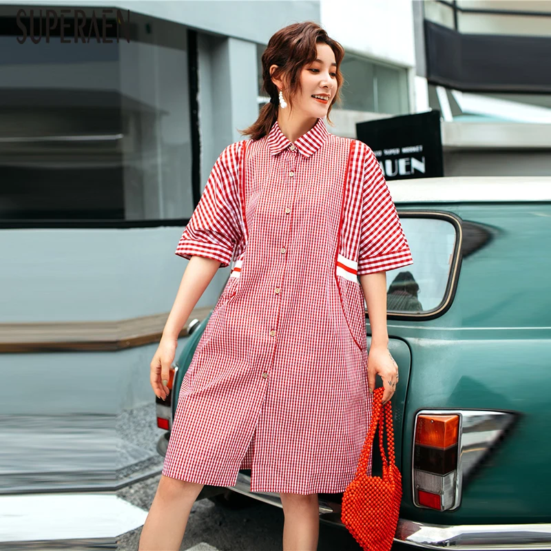 

SuperAen Plaid Fashion Women Dress Half Sleeve Cotton Casual Ladies Dress Summer New 2019 Korean Style Women Clothing