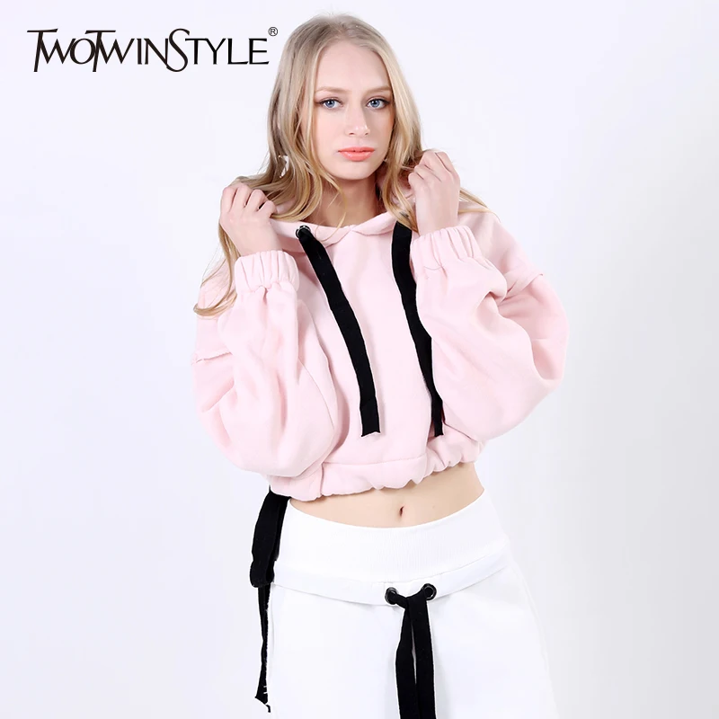 

TWOTWINSTYLE Short Hoody For Women High Waist Lantern Sleeve Hooded Pullover Tops Female Fashion Casual Big Size Clothing 2019