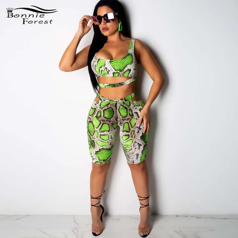 

Bonnie Forest Fashion Snake Print 2 Piece Outfits Amazonian Capri Set Women Summer Crop Top+Biker Shorts Matching Sets Wholesale
