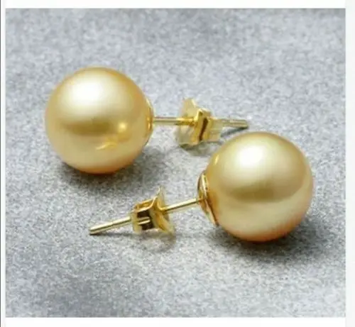 Элегантные Очаровательные огромные 11-12 мм Южное море Подлинные Золотые круглый жемчужные серьги