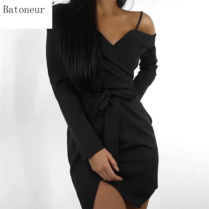 

Fashion Off Shoulder V-Neck Women Dress Long Sleeve Elegant Dress Bow Sashes Black Short Party Dress Vestidos