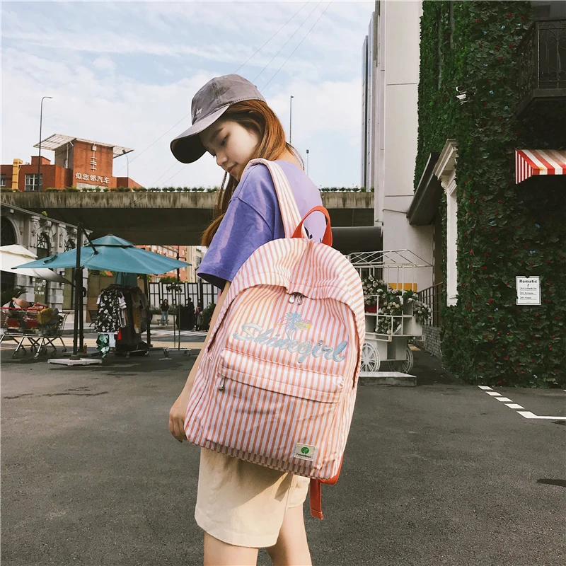 

Sweet Stripe Harajuku Ulzzang Backpack Embroidery Cute Bag Teenage Girl Backpacks Schoolbag Canvas Backpack Travel Mochilas