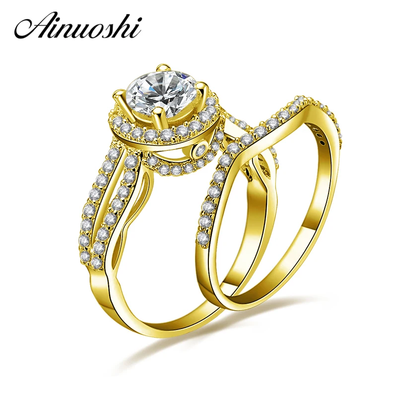 

AINUOSHI 10k Solid Yellow Gold Bridal Ring Set 1ct Round Cut Shining SONA Diamond Halo Ring Set Fine Engagement Wedding Jewelry