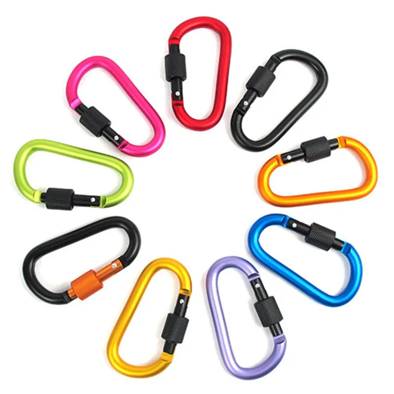 

2019 Aluminum Alloy Carabiner D Shape Buckle Pack Keychain Clip Spring Snap Key Chain Clip Hook Screw Gate Buckle Set