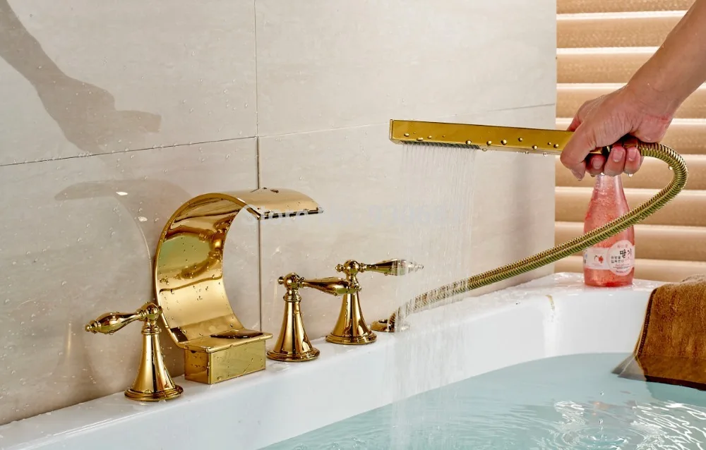 

Tall Gold Plate Bath Tub Faucet Three Handles Centerset Mixer Tap