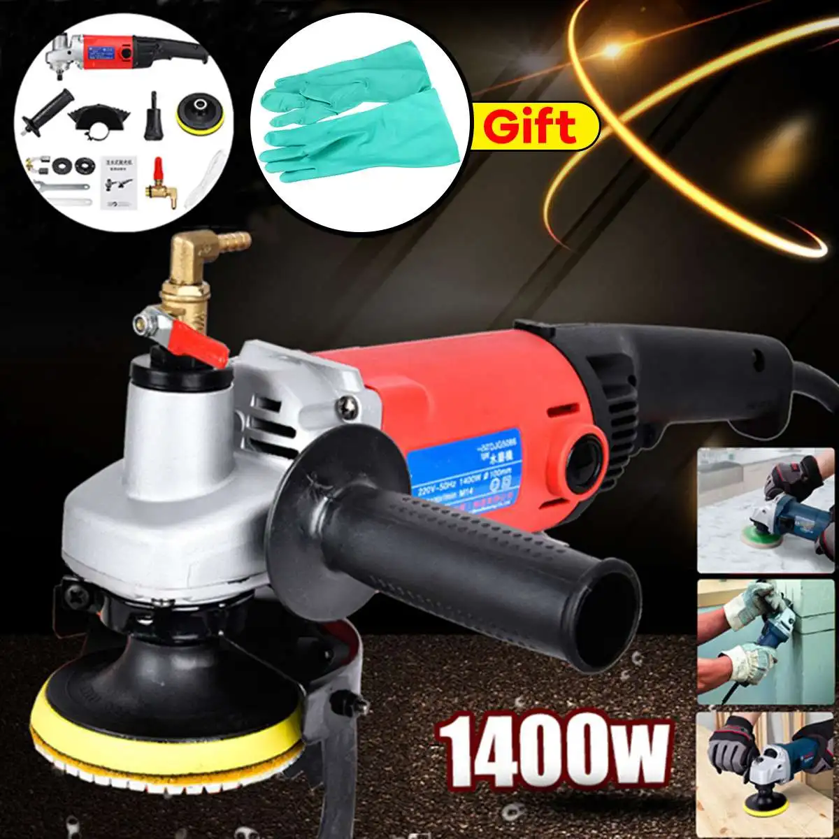 

220V 1400W Polisher Grinder Diamond Polishing pads Angle Grinder For Concrete Marble Granite with Leather Gloves Power Tools