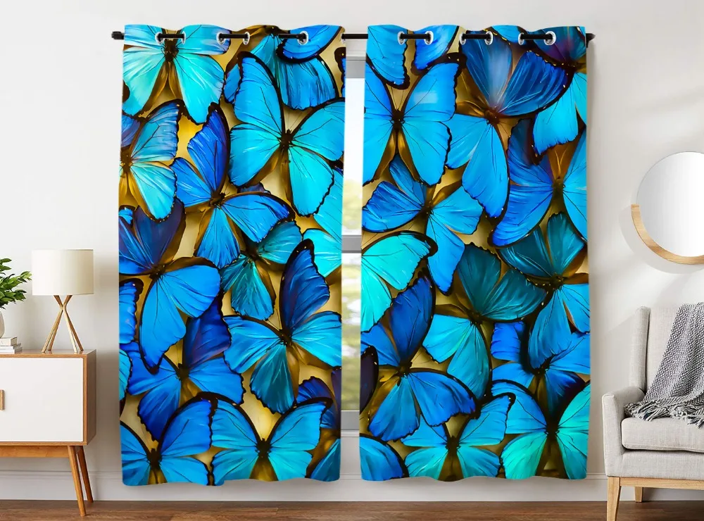 

HommomH Curtains (2 Panel) Grommet Top Darkening Blackout Room Blue Butterfly