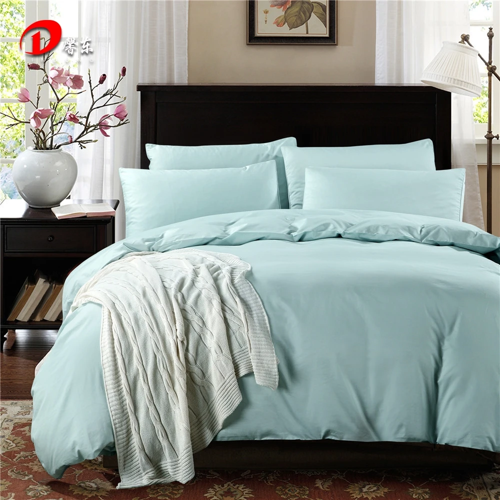 Blue Satin Bedding Cover Set Luxury Pastoral Cotton Bed Set King Queen