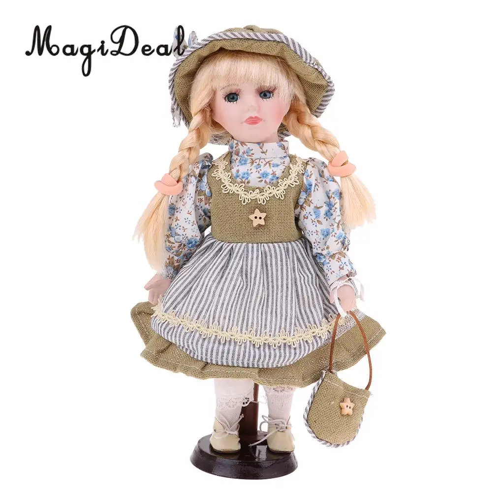 30cm Cute Porcelain Girl Doll People Figure with Green Clothes Set Decor Gift