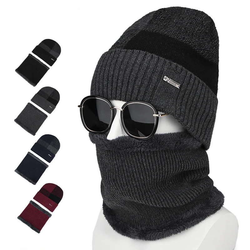 2PCS Winter Warm Scarf Soft Knitted Hat Skullies Beanies Hats For Men Outdoor Sports Cycling Thick Knit Velvet Caps Gorros