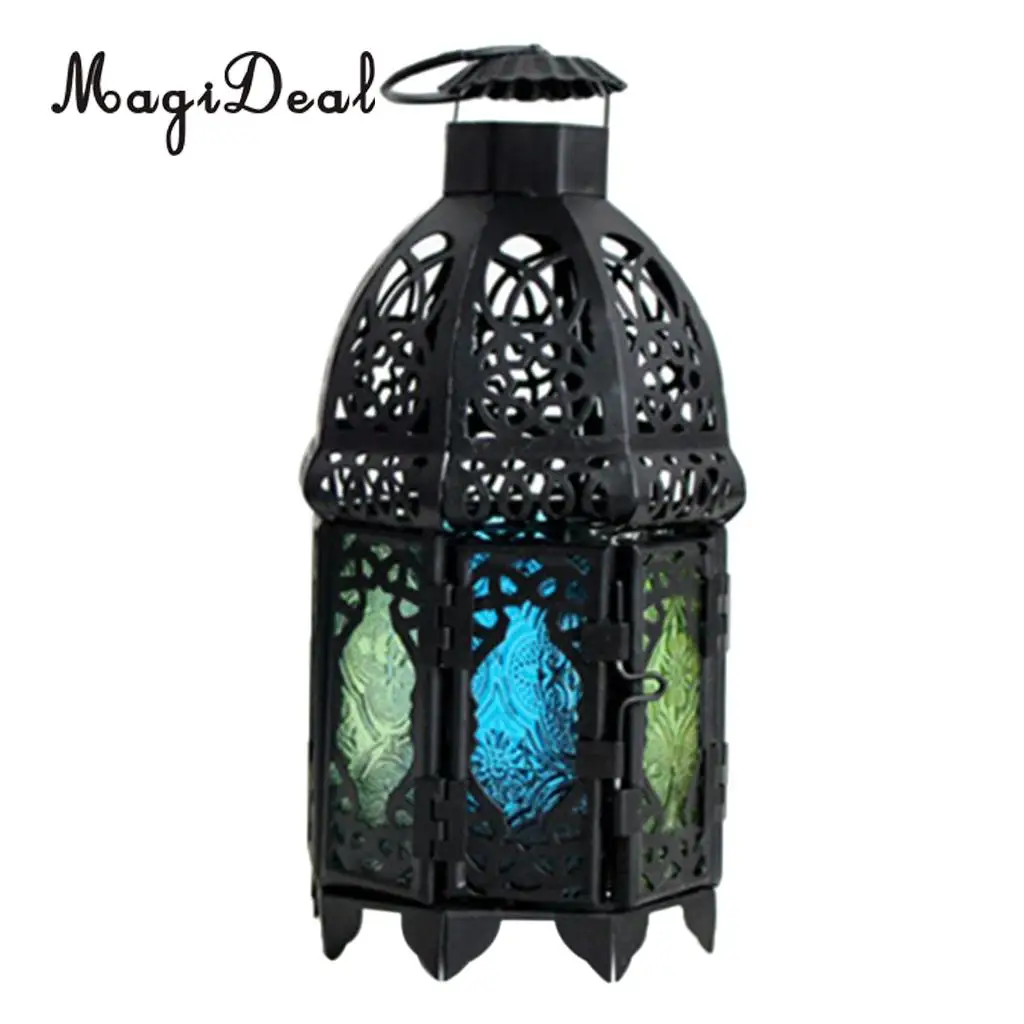 Moroccan Vintage Metal Hollow Glass Moroccan Hanging Tea Light Holder Candle Lantern Xmas Decor