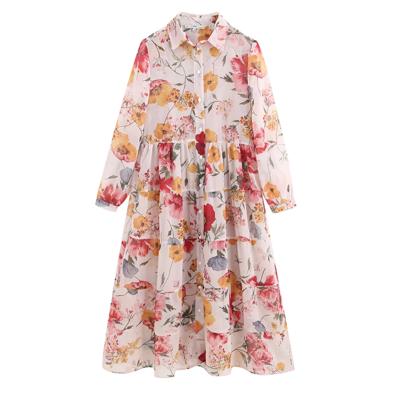 

Sweet Chiffon Floral Print Patchwork Midi Dresses Womens Long Sleeve Two Piece Set Dress Female Casual Summer Dresses Vestidos