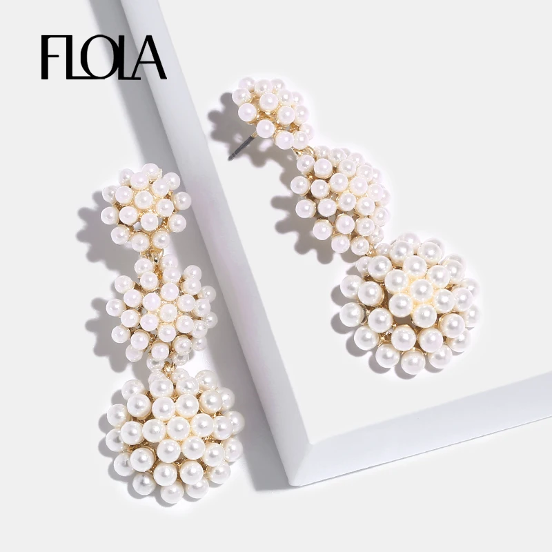 

FLOLA 2019 Full Pearl Long Drop Earrings for Woman Pearl Paved Statement Earrings Oorbellen Korean Big Pearl Earrings ersn47