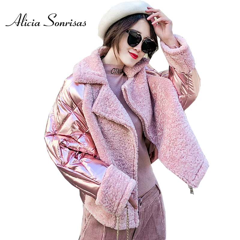 

2018 Women's Glossy Winter Down Cotton Padded Jacket New Loose Short Pink Silver Patchwork Suede Warm Parkas AS9801