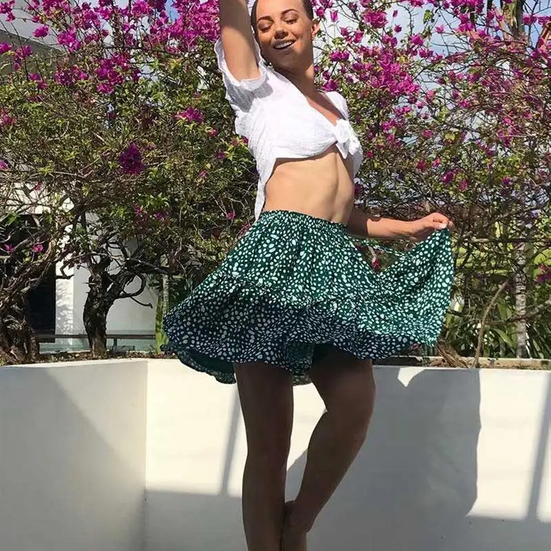

Green Dot Women Mini Skirt Elastic Waist Spring Summer Beach Skirts Boho Style Female Fashion Saia