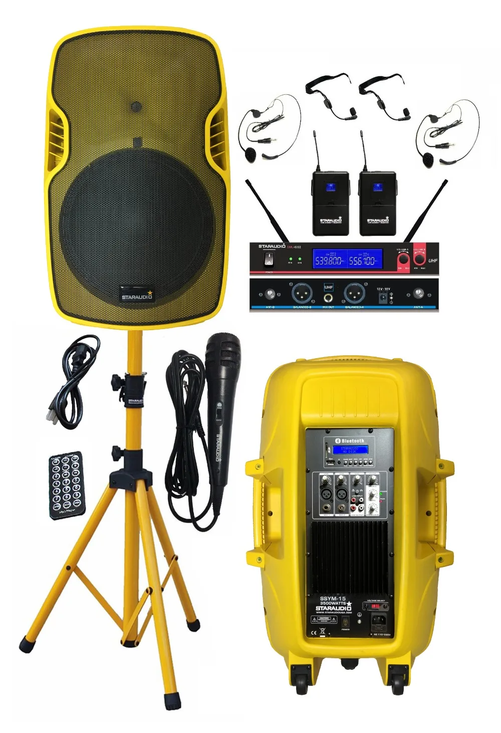 ktv 3500w 15 inch powered pa dj party stage disco bar speaker stand wired mic 2ch uhf wireless headset microphone system
