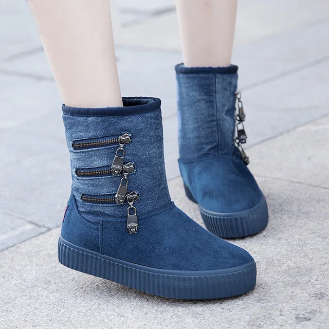 Cute Women Mid Calf Boots Winter Warm Fur Denim Snow Boots Thick Soled