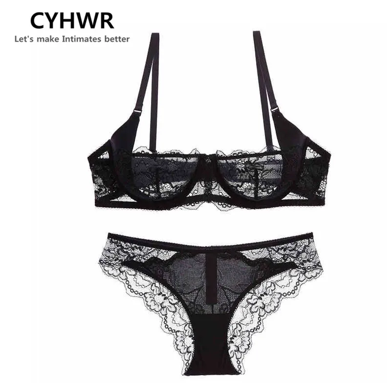 CHYWR new arrive sexy women underwear slim lace half cup unlined white transparent comfort girl underwear bra set