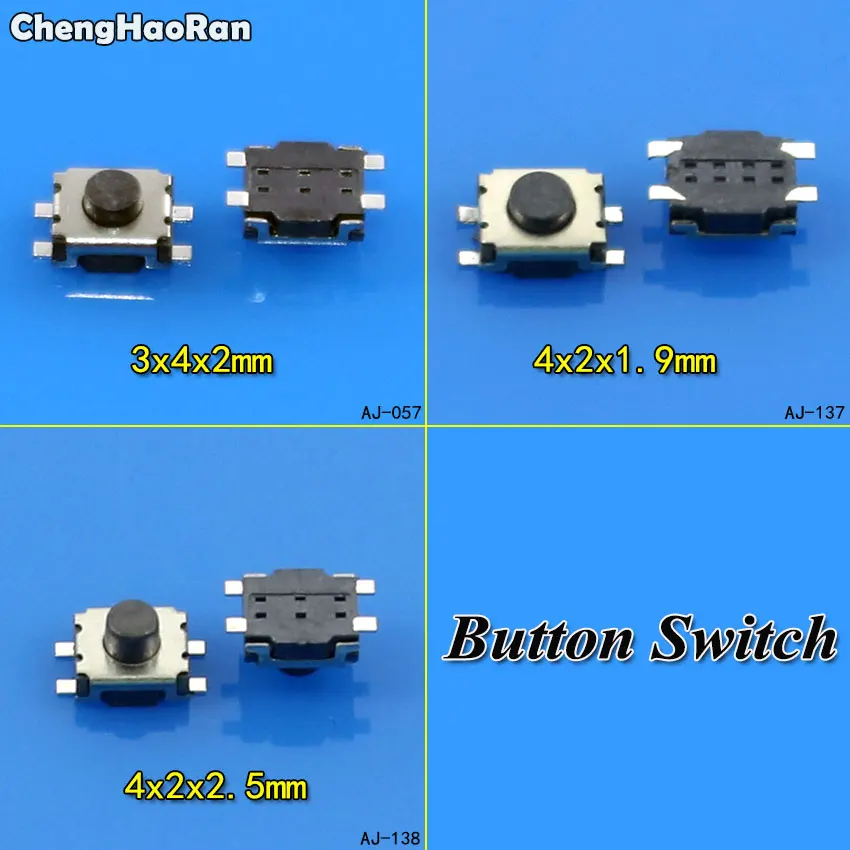 

ChengHaoRan 10pcs 3*4*2/4*2*1.9/4*2*2.5mm SMD Switch 4 Pin Touch Micro Switch Tact Push Button Switches 3x4x2H Mini Buttons