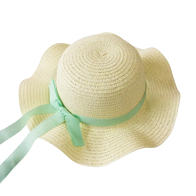 Girls Summer Cap Black Ribbon Decorate Wavy Straw Hat For Girls Children Panama Hat Kids Sun Cap Baby Beach Hats white green bow