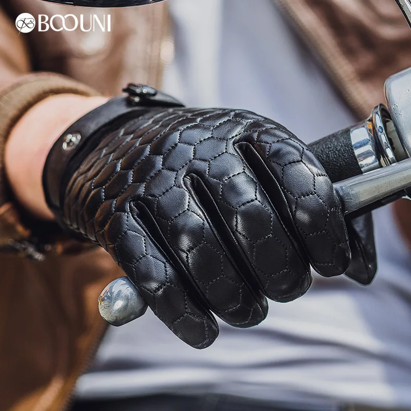 US $30.41 Genuine Leather Men Gloves Fashion Plaid Black Business Sheepskin Driving Glove Winter Thicken Warm Five Finger Nm764