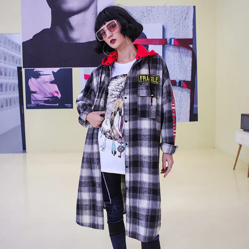 Shirt female long section loose Spring and autumn2018tide brand hooded thin plaid long-sleeved shirt coat |
