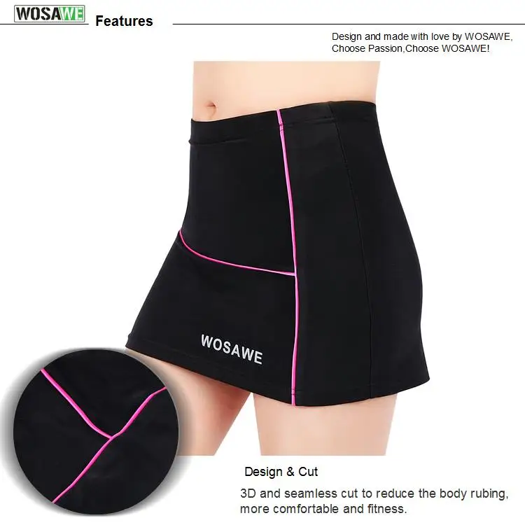 WOSAWE велосипедная Сексуальная юбка женская велосипедная плиссированная юбка и шорты MTB Горный Дорожный велосипед мини-юбка с 4D гелевой подкладкой, черный