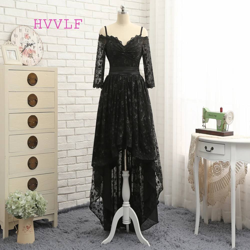 

HVVLF Black 2019 Prom Dresses A-line Spaghetti Straps Short Front Long Back Bow Lace Prom Gown Evening Dresses Evening Gown