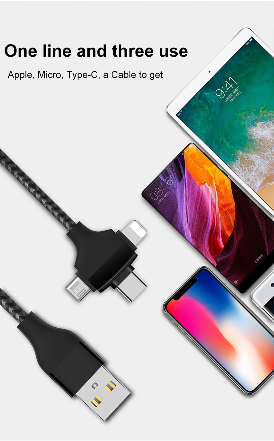ACCEZZ 3 в 1 usb зарядный кабель для IPhone X XS MAX XR 8Pin Micro usb type-C зарядный кабель передачи данных для Redmi huawei LG зарядный шнур