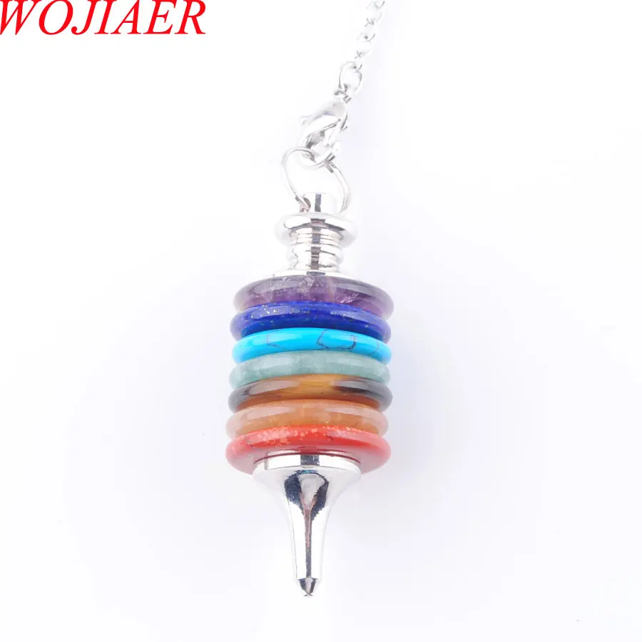 

WOJIAER Natural Stone Pendulum Wicca Dowsing Reiki Pendant Wheels of Life Gems Jewelry 7 Chakra Pendulums Men Women Gift PN3670