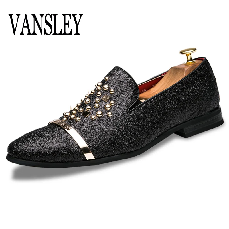 

Men Gold Silver Black Rivet Dress Italian Shoes Slip On Men Leather Moccasin Glitter Formal Male Shoes Pointed Toe Shoes For Men