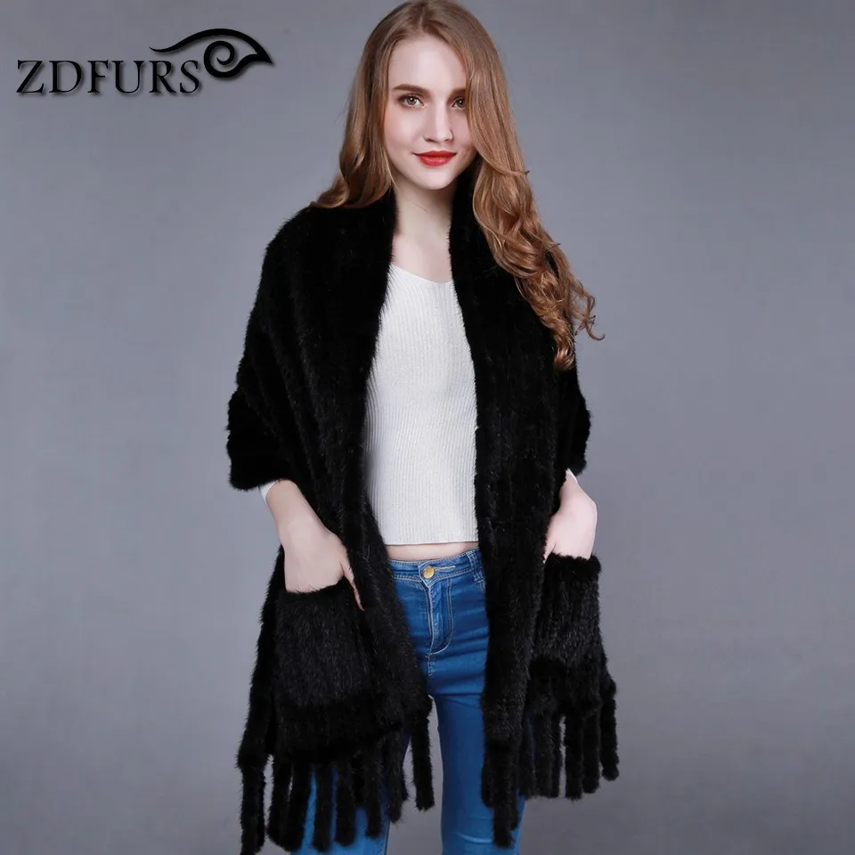 

ZDFURS * Natural Knit Mink Fur Shawl with pocket and fringes Mink Fur Cape mink knitted tassel cape scarf