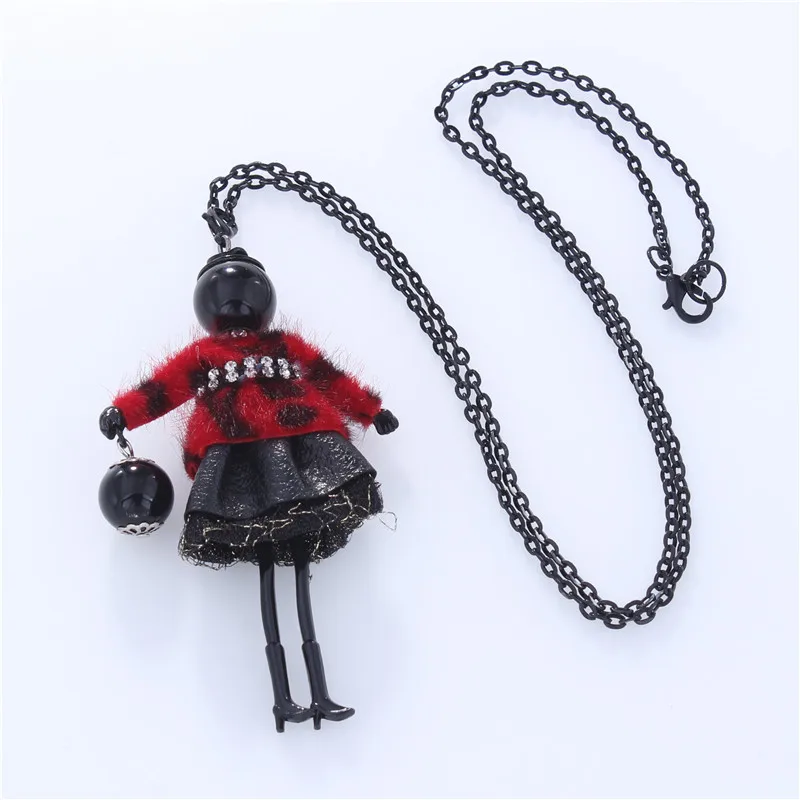 New Doll Necklace Women Feather Lace Skirt Black Alloy Pendants Necklaces Long Sweater Chain Charm Jewelry Party Gifts Collar