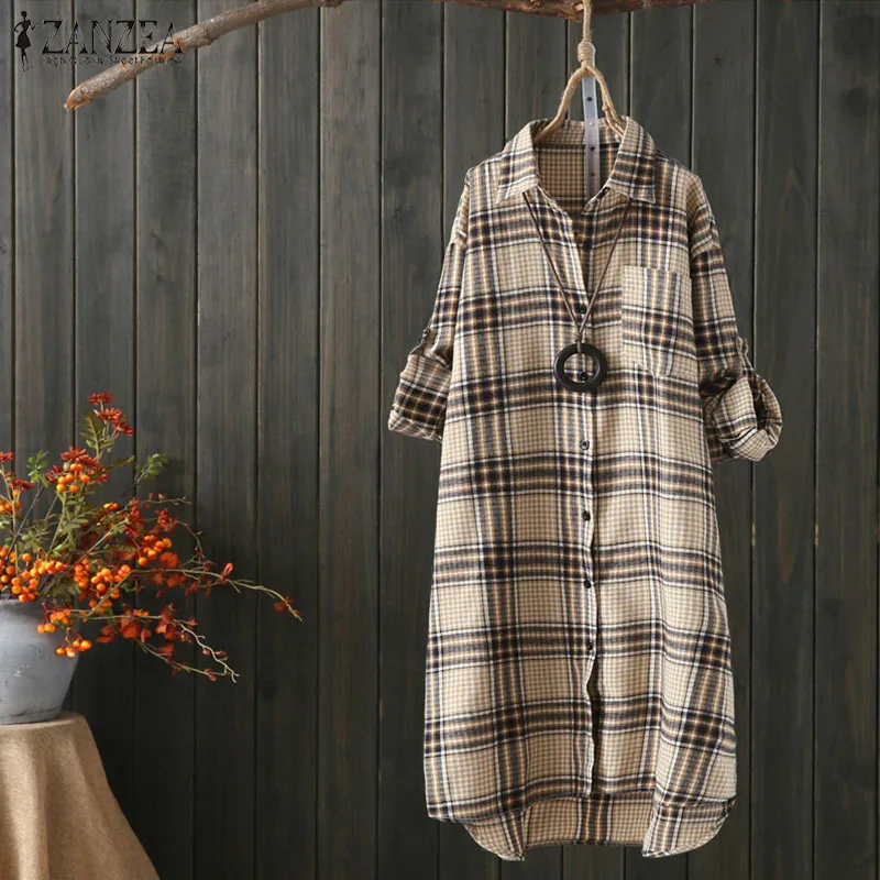 Осеннее платье с длинными рукавами в клетку Chemise для женщин сетки блузка 2021 ZANZEA