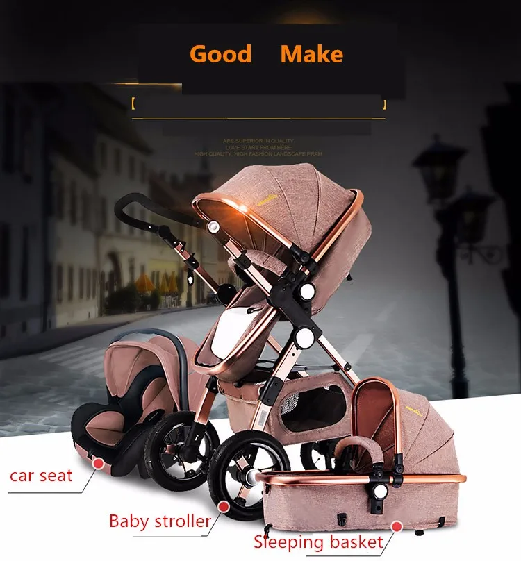 Детская коляска 3 в 1, детская коляска с высоким пейзажем, ультра-светильник, удобная для путешествий, 2 в 1, детская коляска золотого цвета