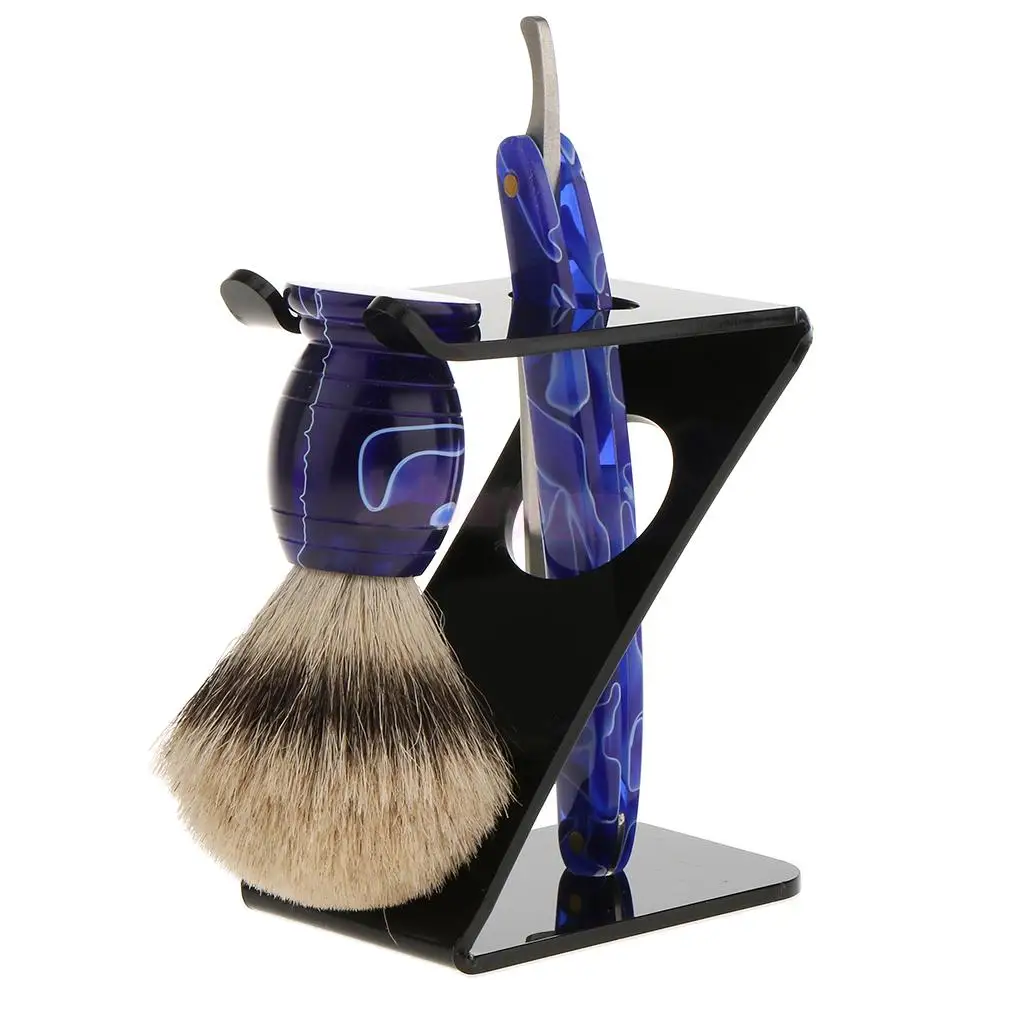 

Set 3 Piece Men Grooming Kit - Resin Shaving Brush + Plastic Z-Shape Shave Stand Holder + Acrylic Stainless Steel Straight Razor